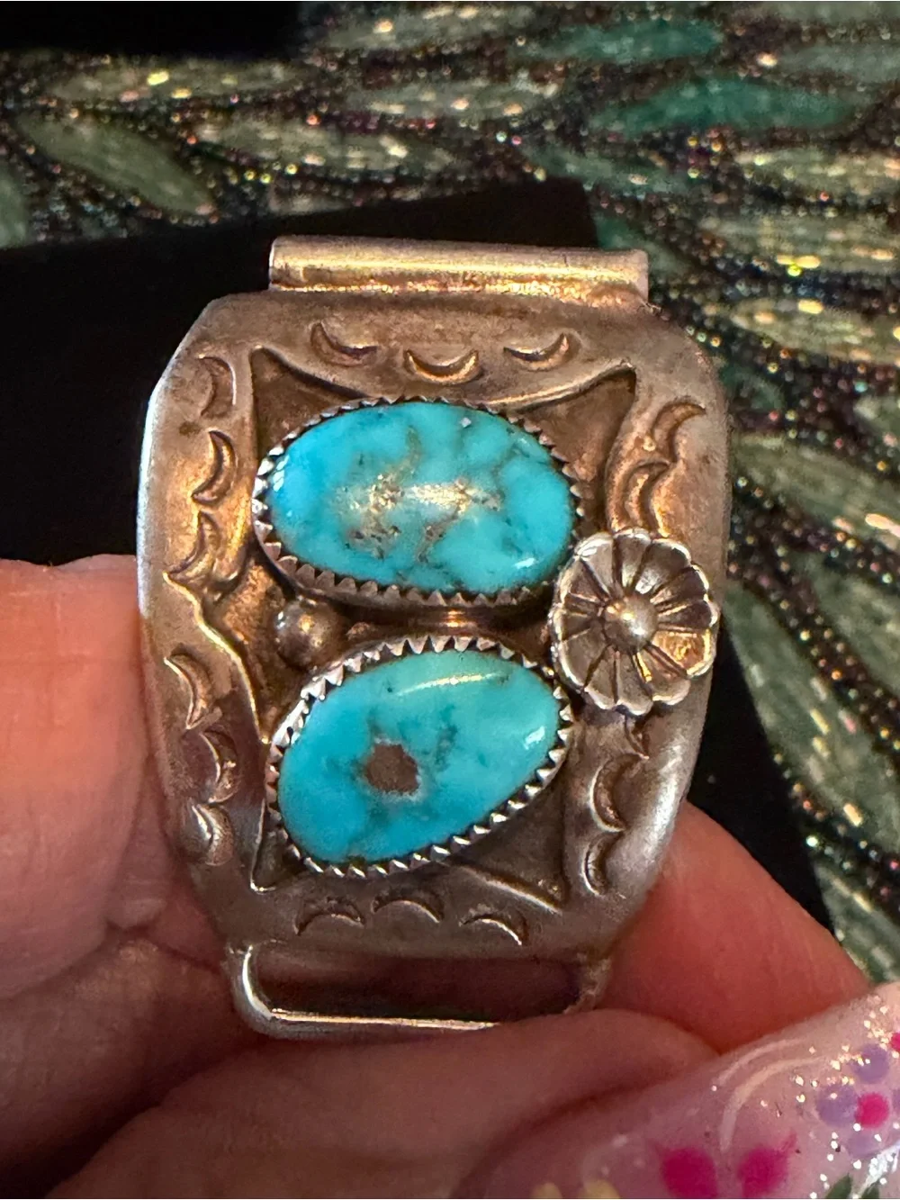 Beautiful Vintage Turquoise & Sterling Large Watch Band Tips